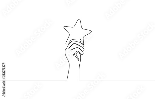 Hand holding star continuous one line icon drawing, Satisfaction customer concept. Vector illustration with editable stroke. Minimalist One Line Drawing of Hand Holding a Star.