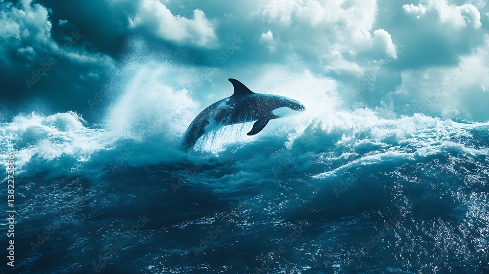 Naklejka premium Orca's Leap: A Majestic Whale Soaring Through Turbulent Ocean Waves