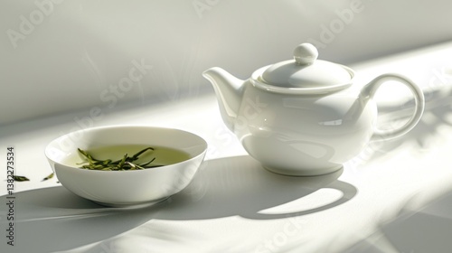 Wallpaper Mural Elegant white teapot and delicate cup of herbal tea in gentle light Torontodigital.ca