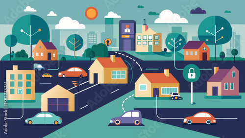 A neighborhood that uses realtime data analysis to predict and prevent traffic congestion resulting in a smooth and efficient commute for its residents.. Vector illustration