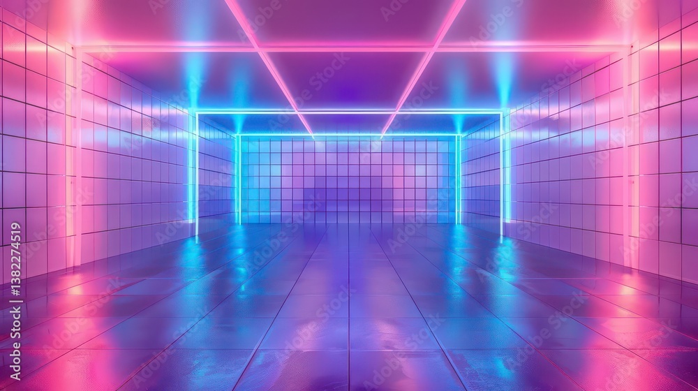 A vibrant, neon-lit room with reflective floors, ideal for creative projects or events. A vibrant, neon-lit room with reflective floors, ideal for creative projects or events.