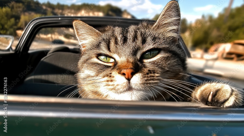 A charming cat leans contentedly out of a vintage convertible car window, showcasing its relaxed demeanor and captivating green eyes against a sunny landscape. A charming cat leans contentedly out of a vintage convertible car window, showcasing its relaxed demeanor and captivating green eyes against a sunny landscape.