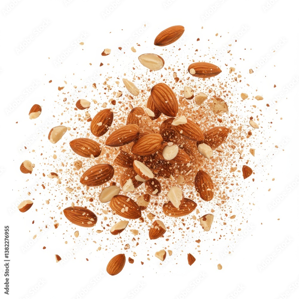 Fototapeta premium Scattered almonds with pieces and crumbs on a white background top down centered view studio shot