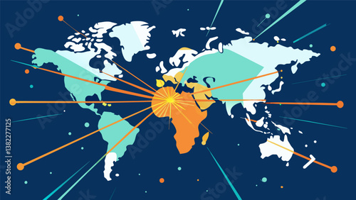 A map of the world lit up by bright lines of data symbolizing the global reach and impact of highspeed data transmissions.. Vector illustration