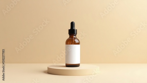 Brown Glass Dropper Bottle on Beige Podium – Minimalist Mockup for Skincare & Wellness Products