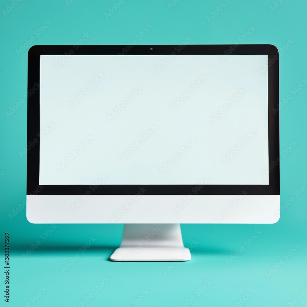 Blank screen on modern desktop computer against bright teal background