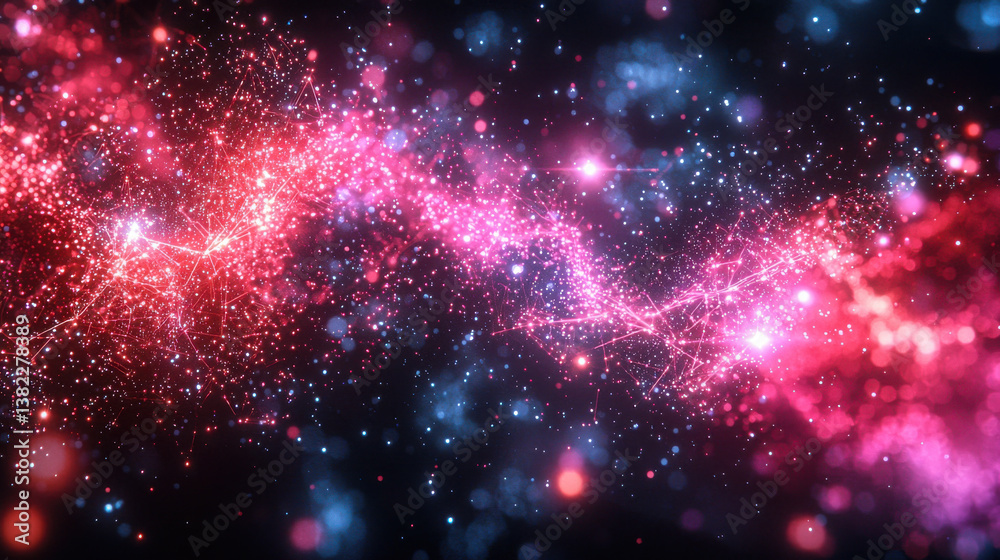 Fototapeta premium Abstract glowing pink and blue particles forming dynamic wave on dark background