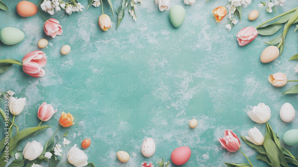 Obraz premium Colorful Easter eggs, tulips, and white flowers on teal textured background. Festive Easter holiday celebration design.