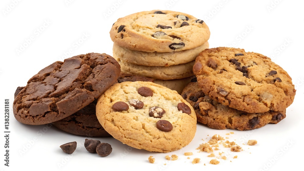 A variety of cookies isolated on a clean white background, showcasing different textures and rich colors for an inviting presentation. A variety of cookies isolated on a clean white background, showcasing different textures and rich colors for an inviting presentation.
