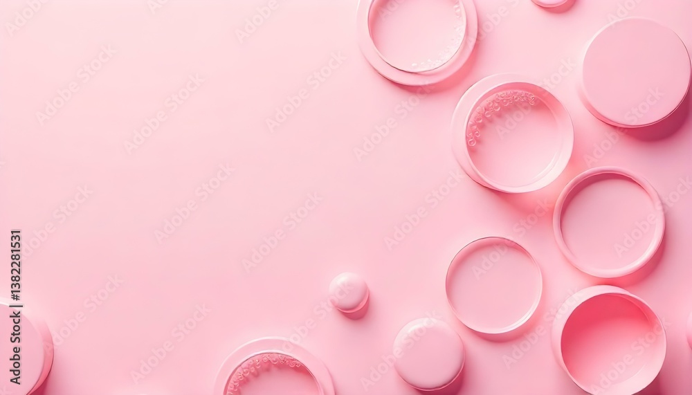 A monochromatic, top-down studio shot features an array of pink circles and spheres arranged on a pink background A monochromatic, top-down studio shot features an array of pink circles and spheres arranged on a pink background