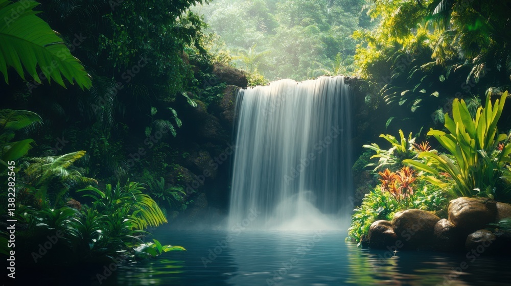 Rainforest Background with a tropical waterfall Rainforest Background with a tropical waterfall