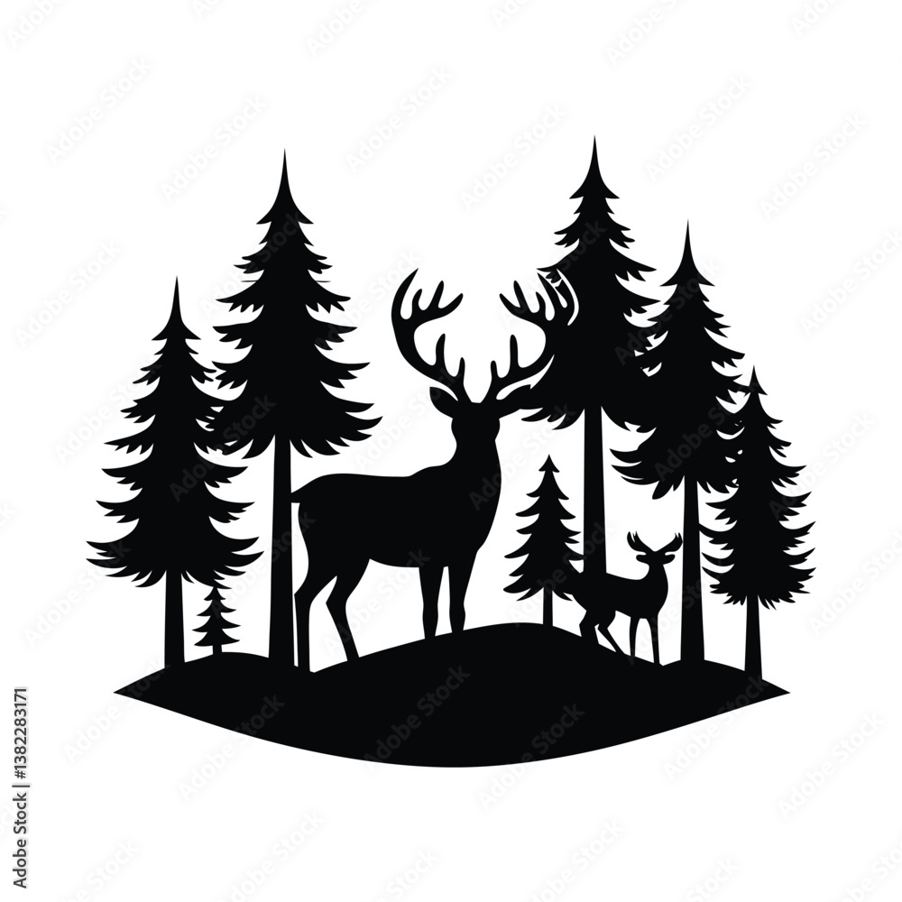 A vector illustration depicts a Christmas tree with a deer silhouette in a snowy winter landscape A vector illustration depicts a Christmas tree with a deer silhouette in a snowy winter landscape