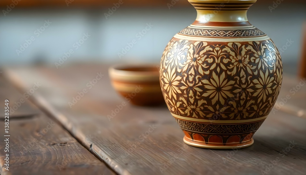 brown and white vase sitting on top of a wooden table brown and white vase sitting on top of a wooden table