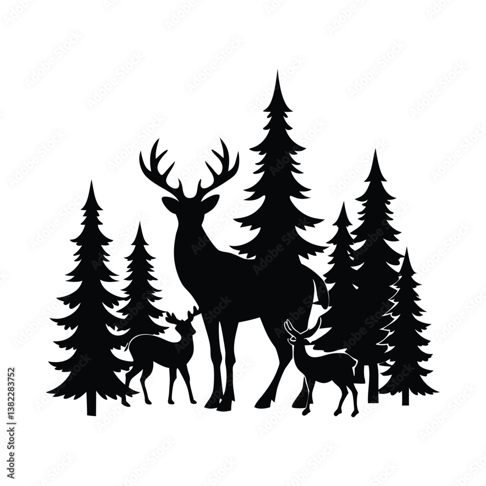 A vector illustration depicts a Christmas tree with a deer silhouette in a snowy winter landscape. A vector illustration depicts a Christmas tree with a deer silhouette in a snowy winter landscape.