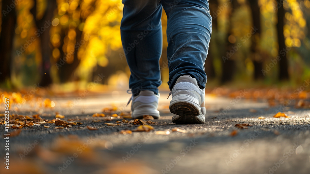 man walking in park, rear view from knees down