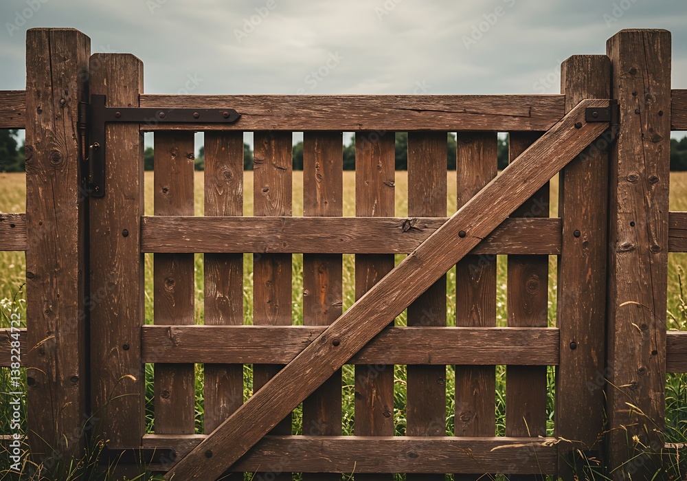 A rustic wooden gate stands sentinel, guarding a field of swaying summer grass under a brooding sky, showcasing rich brown tones and a diagonal brace. A rustic wooden gate stands sentinel, guarding a field of swaying summer grass under a brooding sky, showcasing rich brown tones and a diagonal brace.