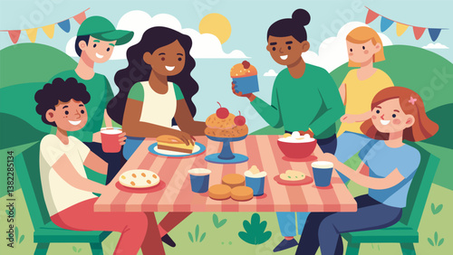 A group of friends gathering around a picnic table enjoying the delicious homemade goodies they purchased from the schools bake sale.. Vector illustration