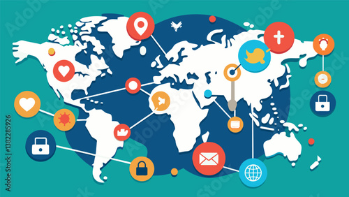 A map of the world but instead of traditional borders it is divided into social media networks and their corresponding flow of data.. Vector illustration