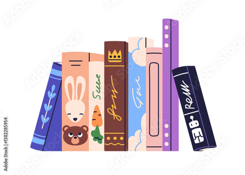 Books from kids library. Shelf with fairytale, fiction and fantasy stories standing upright. Children literature covers, spines for reading. Flat vector illustration isolated on white background