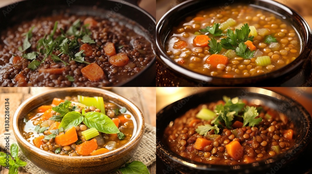 Four bowls of hearty lentil soup variations. (1) Four bowls of hearty lentil soup variations. (1)