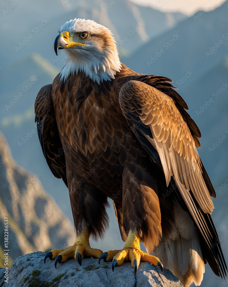 Obraz premium Majestic Golden Eagle Perched Over Mountain Landscape, Power and Resilience