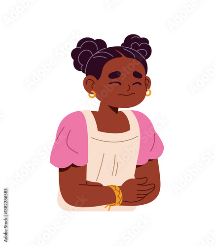 Sad little girl is ill, suffers from stomachache, food poisoning, disease. Sick child with ache in stomach. Unhappy kid holds her belly in abdomen pain. Flat isolated vector illustration on white
