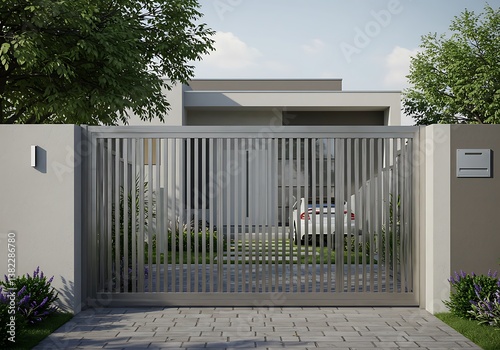 Modern minimalist sliding gate enhancing a sleek contemporary home's curb appeal with a neutral palette and subtle vertical lines.