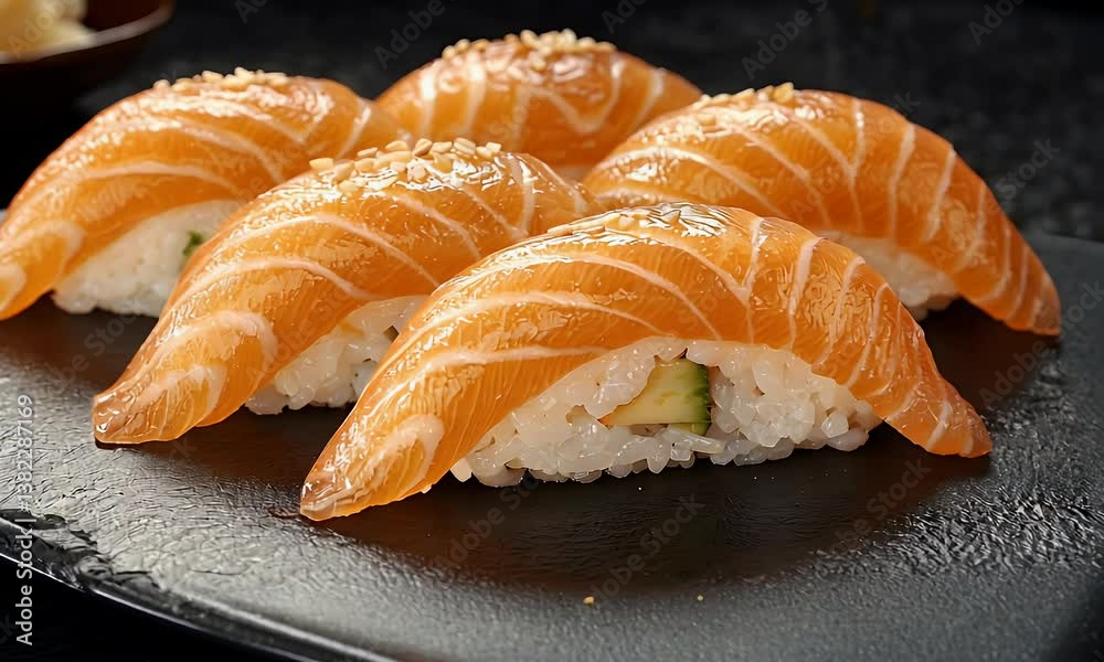 Delicious salmon nigiri atop rice, garnished with sesame seeds, ready to be eaten on a dark plate Delicious salmon nigiri atop rice, garnished with sesame seeds, ready to be eaten on a dark plate