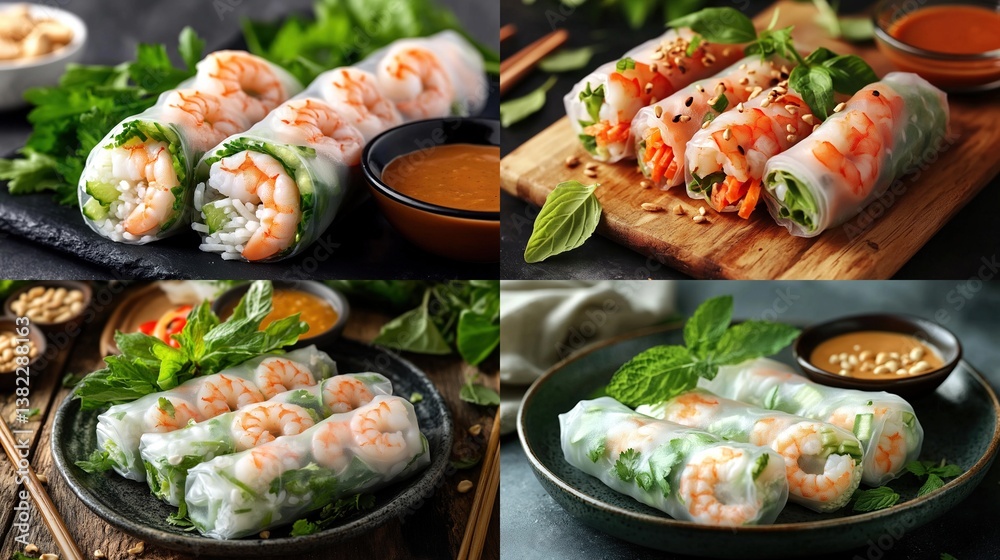 Delicious shrimp summer rolls with dipping sauce. Delicious shrimp summer rolls with dipping sauce.