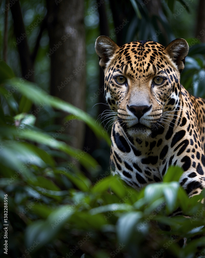 Critically Endangered Jaguar Prowling Through Dense Rainforest, Conservation Focus Critically Endangered Jaguar Prowling Through Dense Rainforest, Conservation Focus
