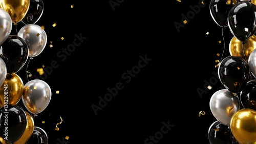 gold luxury flying balloon confetti on black background with copy space empty place, graduation party birthday happy new year Christmas opening sale award announcement, motion seamless looping loop