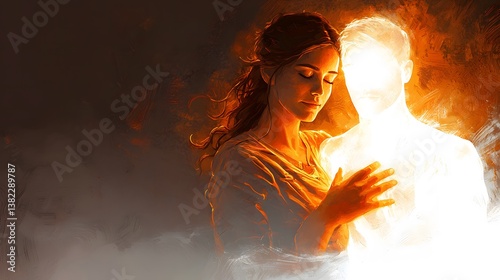 Emotional embrace between a woman and a ghostly figure surreal art digital illustration mystical environment close-up view