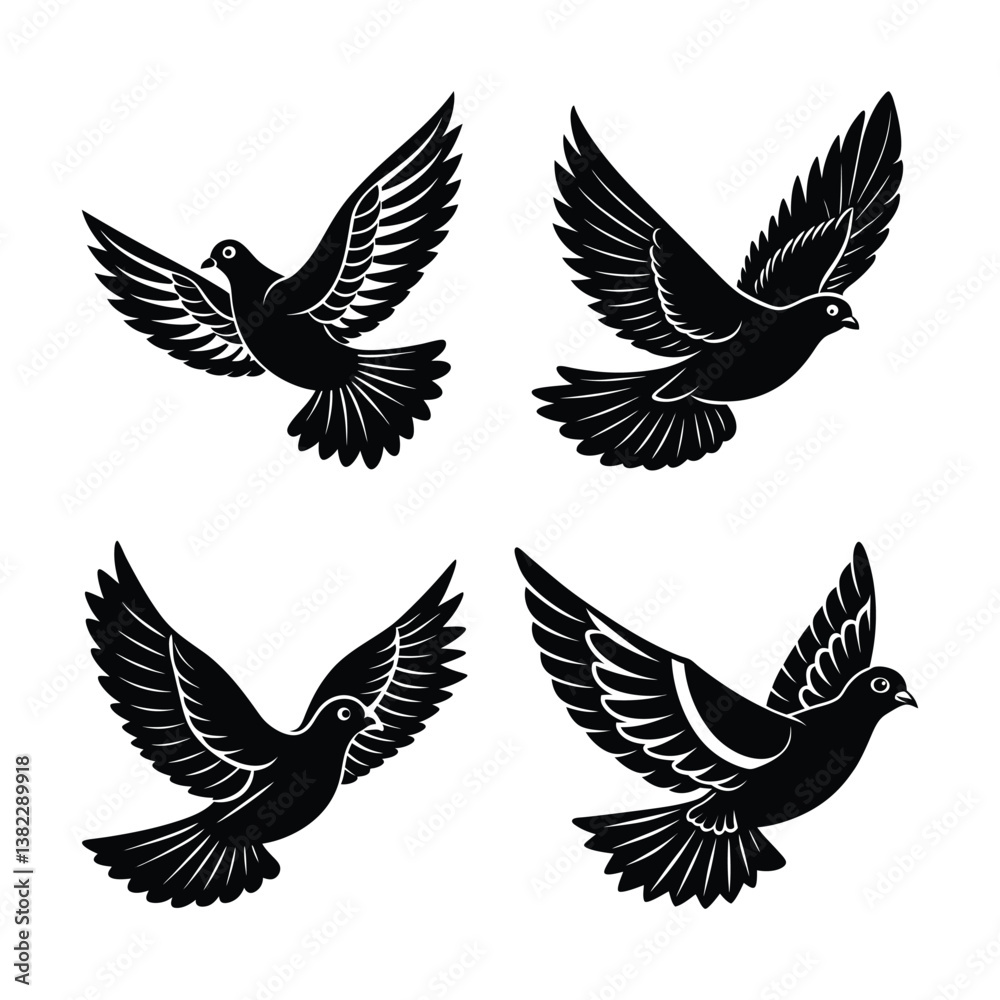 Fototapeta premium Vector pigeon silhouettes of flying birds and wings, icons of freedom
