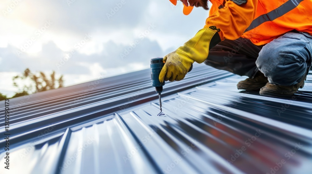 Construction worker installing metal roofing (1) Construction worker installing metal roofing (1)
