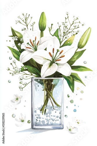 Watercolor White Lilies in Glass Vase