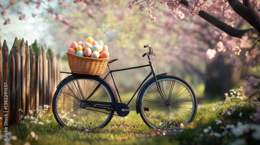 Fototapeta premium Vintage bicycle with Easter eggs basket against blossoming trees backdrop in spring