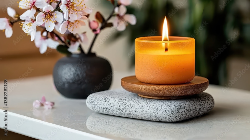 Tranquil Setting with Decorative Candle, Stone Base, and Delicate Flower Arrangement Tranquil Setting with Decorative Candle, Stone Base, and Delicate Flower Arrangement