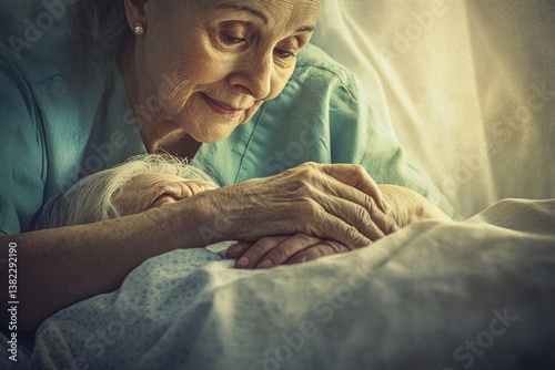 A tender moment between two elderly women, one comforting the other in a hospital bed.
