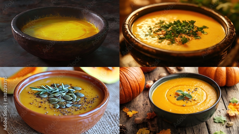 Four autumnal pumpkin soup variations in bowls. Four autumnal pumpkin soup variations in bowls.