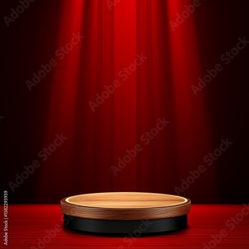 Product showcase on wooden pedestal against red backdrop suitable for ecommerce websites, advertising, product promotions, social media marketing
