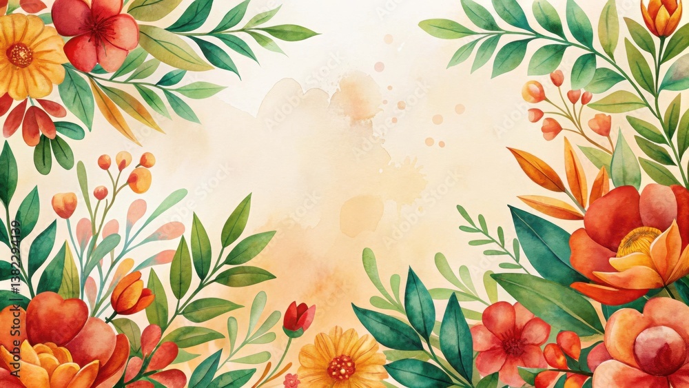 Obraz premium A Vibrant Watercolor Floral Frame with Lush Greenery and a Delicate Beige Background Perfect for Wedding Invitations or Elegant Announcements