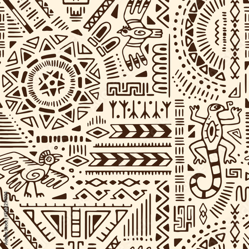 Repeatable pattern of ancient wall art with Aztec symbols. Endless background of tribal ornament, ethnic elements, signs, traditional print of Inca or Navajo tribes. Flat seamless vector illustration