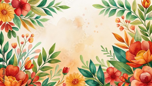 A Vibrant Watercolor Floral Frame with Lush Greenery and a Delicate Beige Background Perfect for Wedding Invitations or Elegant Announcements