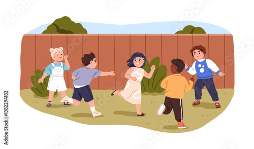 Kids playing tag game in yard. Happy children running and chasing, outdoor activity. Active kindergarten friends, boys and girls having fun. Flat vector illustration isolated on white background