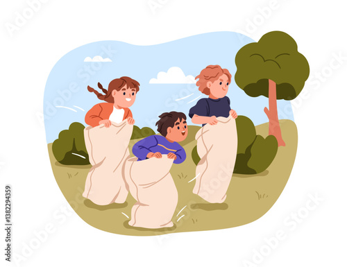 Kids sack race. Happy children playing active game outdoors. Boys and girl jumping and running in bags, funny competition. Summer fun activity. Flat vector illustration isolated on white background
