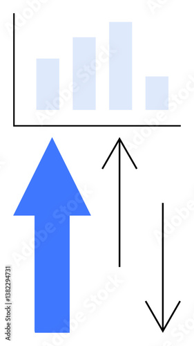 Bar chart above arrows in opposite directions suggesting growth and decline. Ideal for finance, analysis, business trends, statistics, market growth, performance tracking, data visualization. Flat