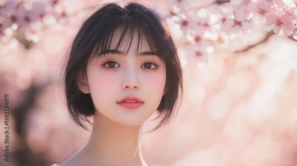 Serene Beauty Amidst Cherry Blossoms, Portrait of Feminine Grace Serene Beauty Amidst Cherry Blossoms, Portrait of Feminine Grace