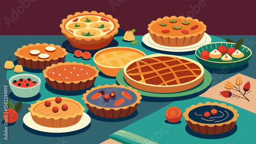 A sight to behold a table filled with delectable pies and quiches in all shapes and sizes ready to be devoured.. Vector illustration