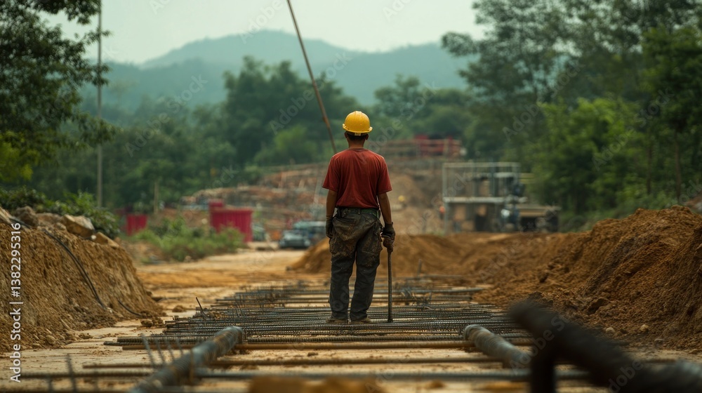 Construction worker surveys a highway project Construction worker surveys a highway project