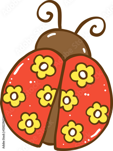 Groovy Retro Spring Ladybug Flower Doodle Hand Drawn